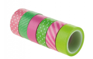 Washi Tape vzorovaná lepiaca páska pink/zelená, 15 mm x 3 m, 6 ks
